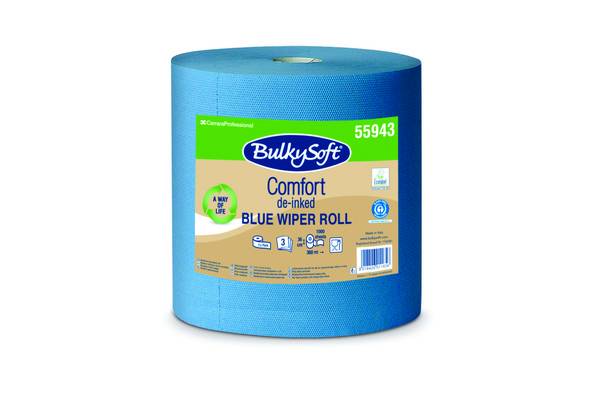 Putztuchrolle 3-lag Bulkysoft Comfort blau, Recycling 36x36cm,1000Cps,360m Rollen Ø 38 cm-1 Stück