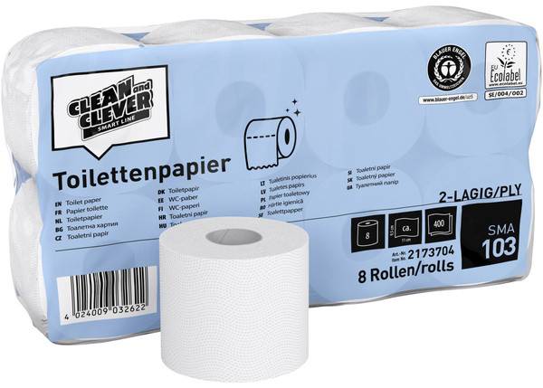 CLEAN and CLEVER Toilettenpapier Kleinrollen SMA 103, Recyling, 2-lagig, Sack à 48 Rollen