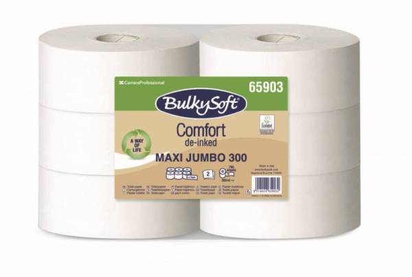 Toilettenpapier Maxijumbo Bulkysoft, 2-lagig, weiss, Recycling, 790Cps, 9x38cm, 300m, Sack à 6 Rolle