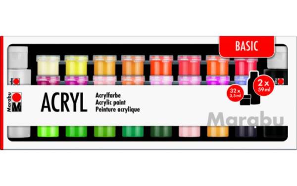 Marabu Acrylfarben-Set "BASIC", 32 x 3,5 ml / 2 x 59 ml
